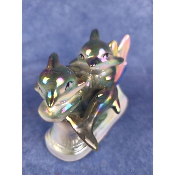 Iridescent Dolphin Family With Rainbow Splashing Waves Ceramic Figurine - Picture 2 of 8
